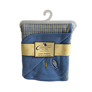 Anna Claire Baby Blanket GONE FISHING Blue Swaddle Security Lovey Plaid Fish NEW